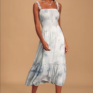 Lulu’s Ruffle Luck Blue Tie-Dye Ruffled Midi Dress